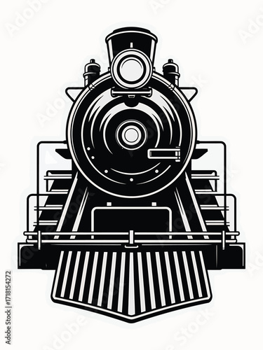 Vintage steam locomotive front view black and white illustration