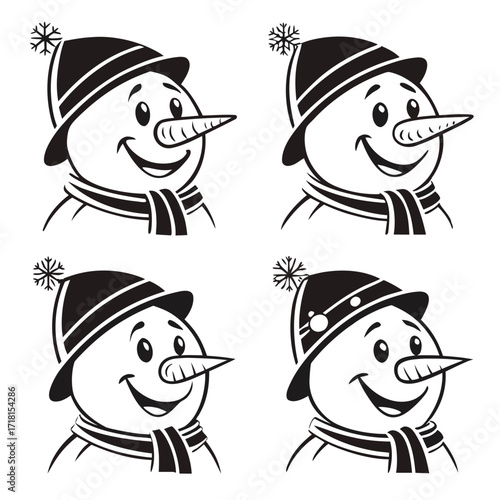 Four Cheerful Snowman Faces with Hats and Scarves winter