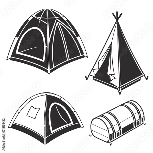 Four Diverse Tents in Black and White Illustration
