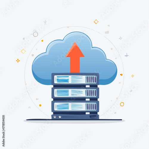 Cloud storage illustration showing data upload to a server rack.