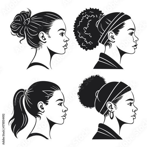 Four Female Profile Silhouettes with Diverse Hair Styles and Accessories