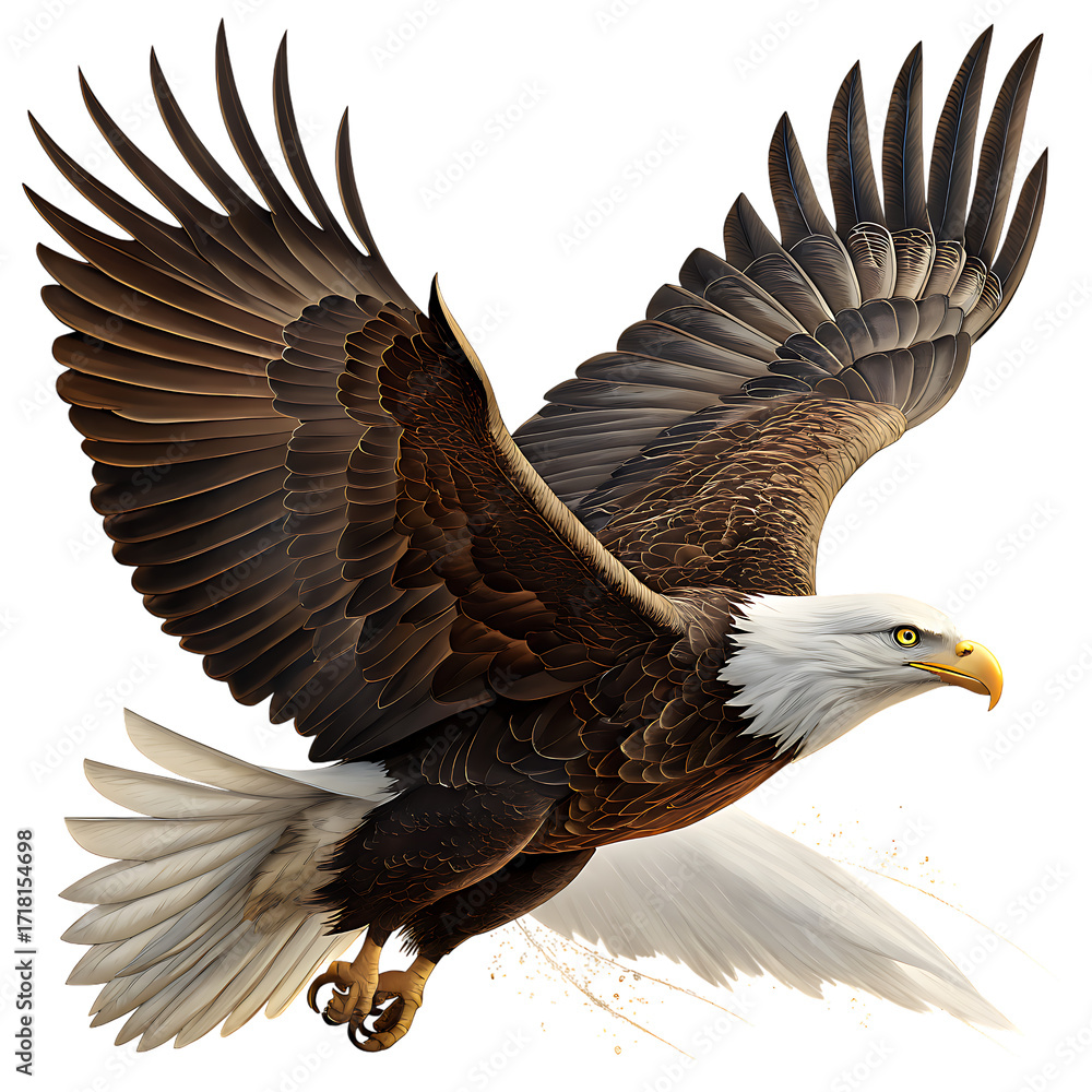 Obraz premium Majestic bald eagle in flight with wings spread wide showing detailed feathers and sharp talons isolated on transparent background