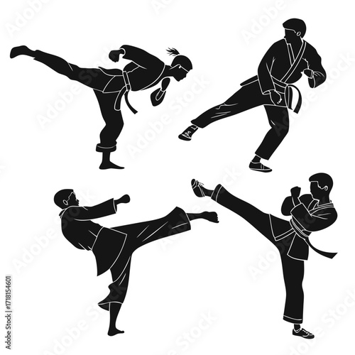 Four Martial Arts Fighters Performing Kicks Silhouettes