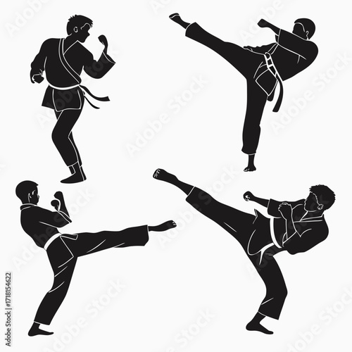 Four Martial Arts Silhouettes in Mid- Kick Poses karate