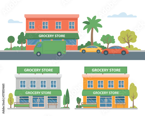 Collection of flat design grocery store illustrations showing storefronts and delivery vehicles