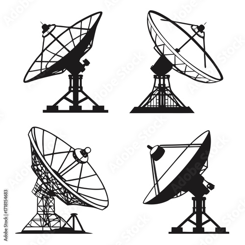 Four Satellite Dish Antennas In Silhouette communication