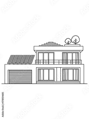 Modern house with solar panels and garage sketch