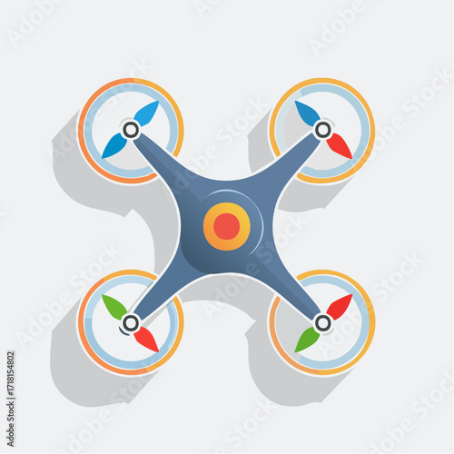 Flat design illustration of a blue quadcopter drone with colorful propellers, viewed from above.
