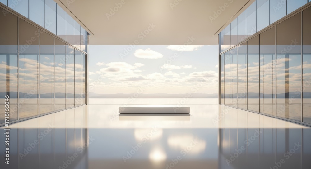 Fototapeta premium Minimalist podium in modern building with ocean view