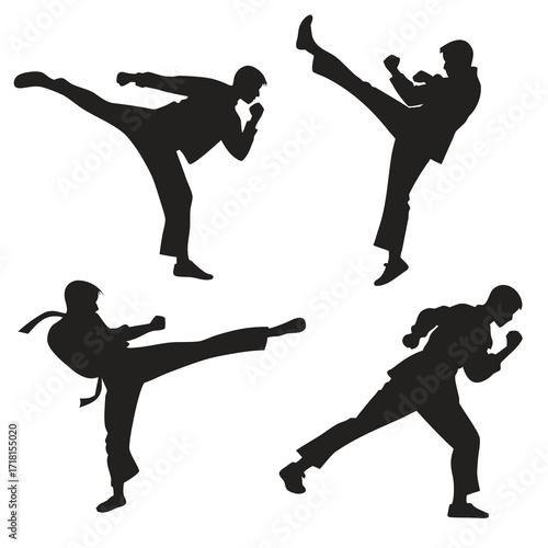 Four Silhouettes Of Men Performing Martial Arts Kicks