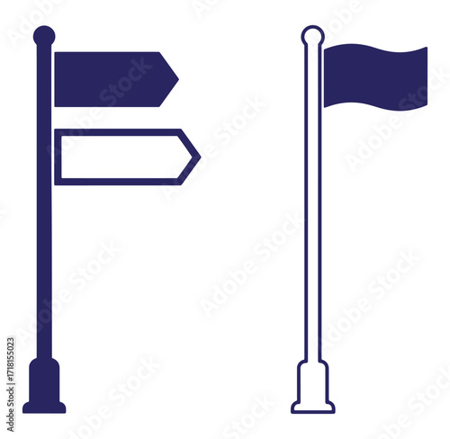 Vector illustration of a signpost with arrows and a waving flag on a pole