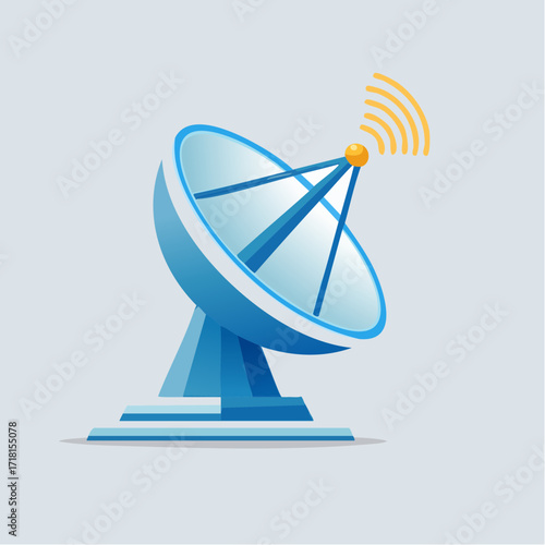 Blue satellite dish antenna with signal waves illustration.