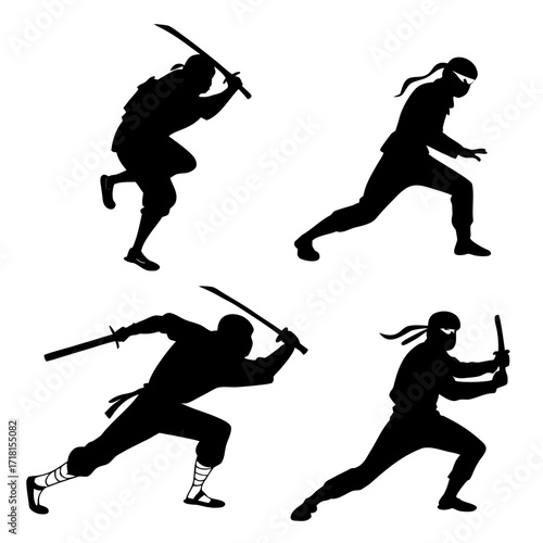 Four Silhouettes of Ninjas in Combat and Running Poses