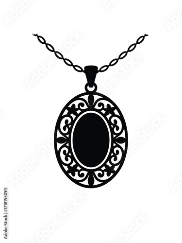 Ornate black silhouette pendant necklace with intricate filigree design