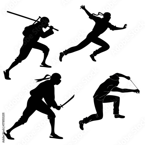 Four Silhouettes of Ninjas with Swords and Nunchaku