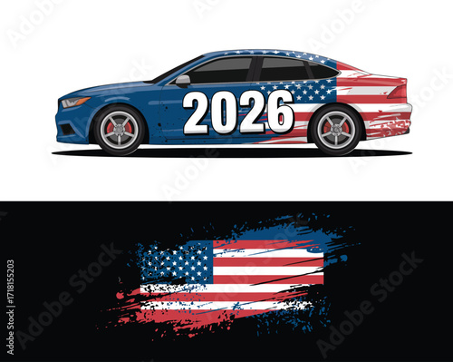 Professional car wrap mockup design featuring a patriotic American flag concept. Vector illustration for vehicle branding with the year 2026