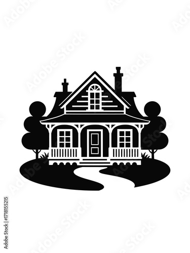 Charming silhouette of a traditional american house with trees