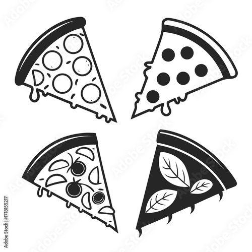 Four slices of pizza with different toppings food italian