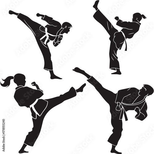 Four Silhouettes Of People Performing Martial Arts Kicks