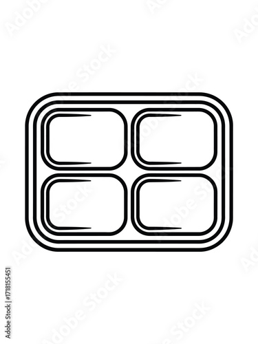 Simple line drawing of a four compartment tray or bento box