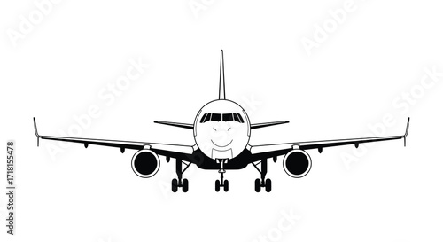A detailed black and white illustration of a commercial passenger airplane