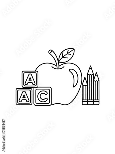 Simple outline drawing of apple blocks and pencils for education