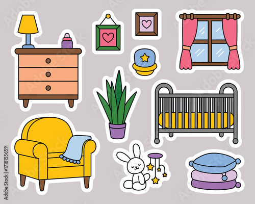 Colorful Baby Room Illustration with Furniture and Decor Elements