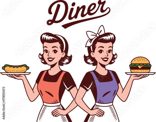 Retro Diner Waitresses Serving Classic American Food Hot Dog and Hamburger Illustration