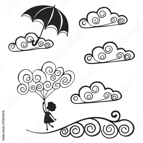 Girl Holding Balloons Under Umbrella with Swirling Clouds