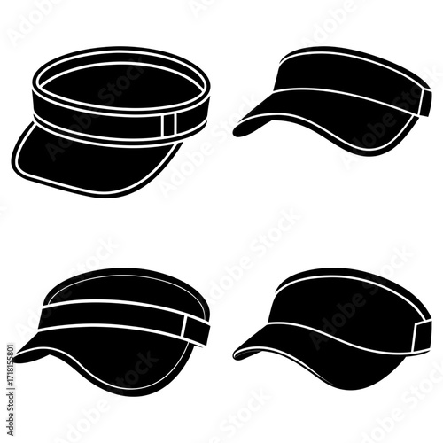 Illustration featuring four black visors with white stripes in various perspectives and orientations