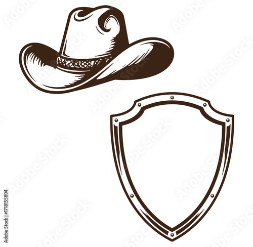 Western cowboy hat and shield emblem with vintage design for branding and decor