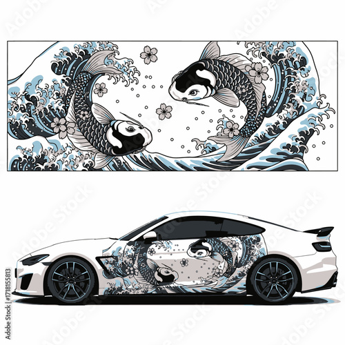Japanese koi fish and wave art design as a custom vinyl wrap on a modern white sports car.