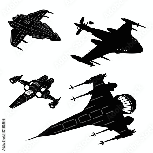 Fototapeta Group of four futuristic spaceship silhouettes Keywords: spaceship, spacecraft,