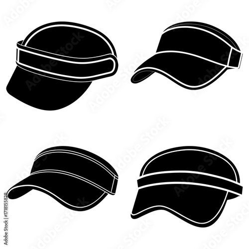 Four black and white visors in different angles and styles arranged on a white background view from above