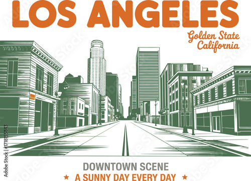 Vintage travel poster illustration of a sunny downtown city street scene with tall buildings and a retro, nostalgic aesthetic