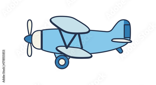Simple cartoon illustration of a light blue vintage biplane in flight