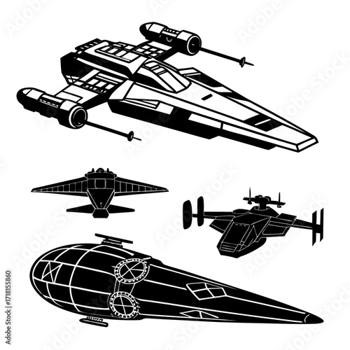 Group of stylized black silhouette spacecraft on white background