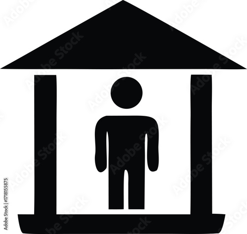 Iconic silhouette of a person inside a simple architectural structure representing shelter or building safety symbol
