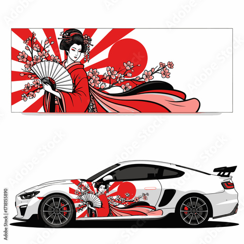 A car decal featuring a Japanese geisha in a red kimono with a fan, set against a rising sun and cherry blossoms, shown applied to a white sports car.