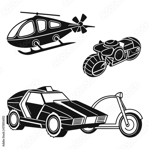 Helicopter sports car and motorcycle on white background Keywords: vehicle, transportation