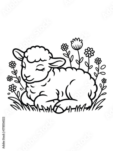 Cute baby lamb sleeping peacefully in a field of flowers