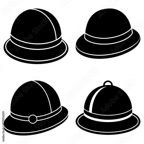 Illustration of four pith helmets with different designs and styles in a black and white color scheme