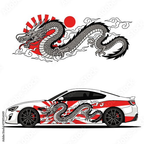 A striking graphic design featuring a traditional Japanese dragon motif with rising sun elements, applied as a decal to a modern sports car.