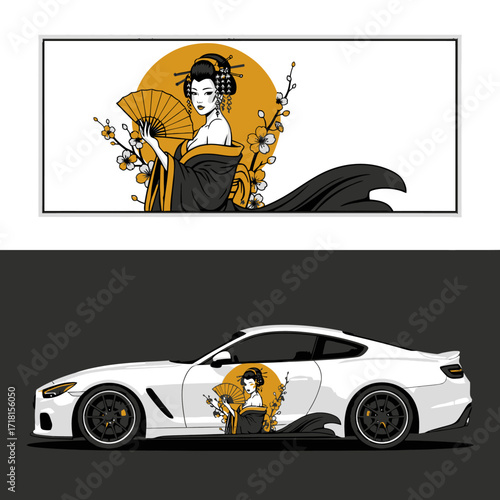 Japanese Geisha with Fan and Cherry Blossoms Car Decal Design on a White Sports Car.