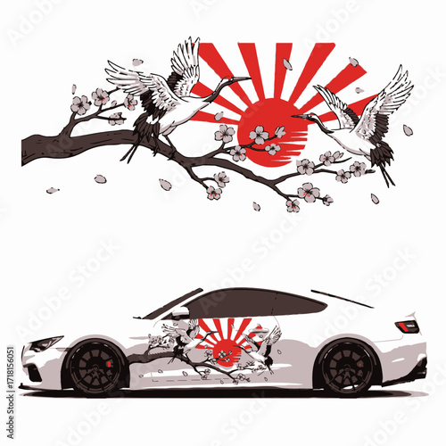 Car with Japanese-themed graphic, featuring cranes, cherry blossoms, and a rising sun design.