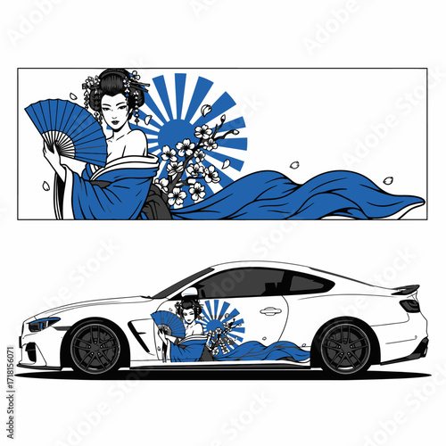 Geisha car wrap design: Japanese woman with fan and rising sun on a white sports car.