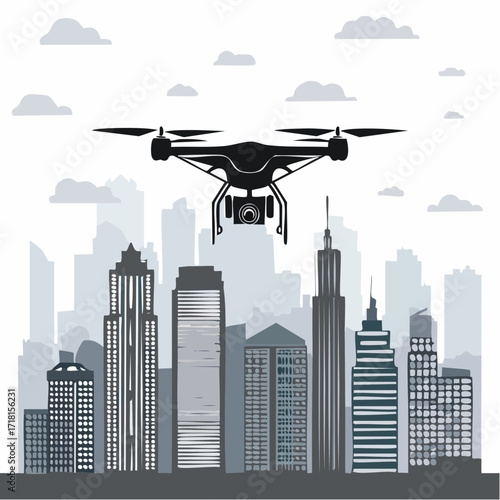 Drone flying over a cityscape, aerial view.