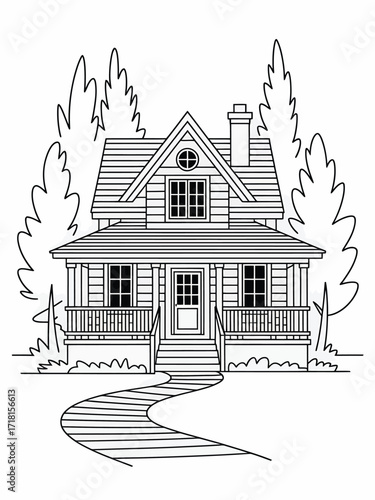 Hand drawn sketch of a charming two story house with a porch