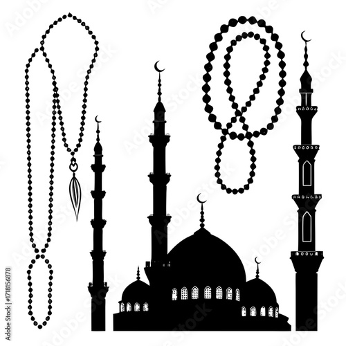 Islamic Mosque and Prayer Beads Silhouettes with Crescent Moon Keywords: islam, mosque, prayer