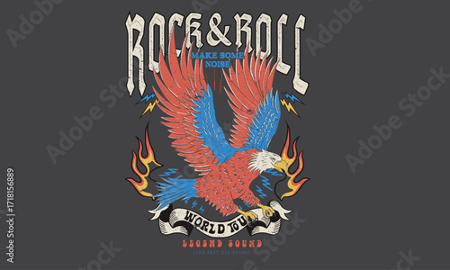 Rock and roll tour t shirt print design. Rockstar vector artwork. Rebel eagle graphic illustration.	Fire and eagle artwork. 